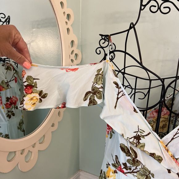 Onetheland Cottagecore Feminine Mint Green Gloral Dress Cold Shoulder Prairie S - Picture 2 of 5